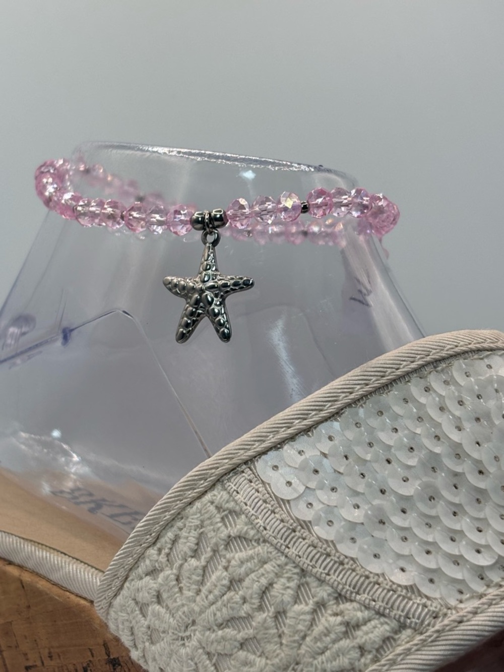 *ANKLET* S. Steel Silver Starfish with Pink AB Crystal Stretchy Anklet - Picture 4 of 7